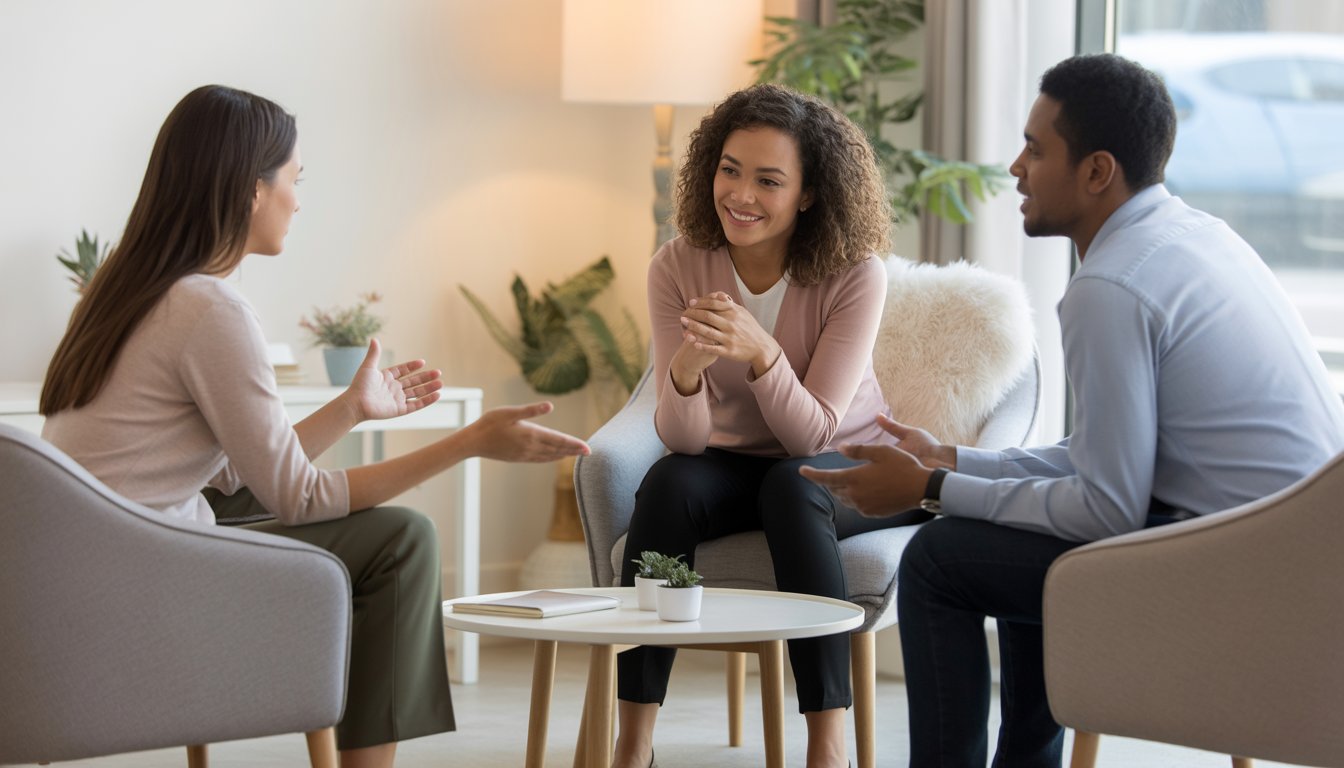 Three adults engaged in a supportive counseling session in a bright, comfortable therapy office.