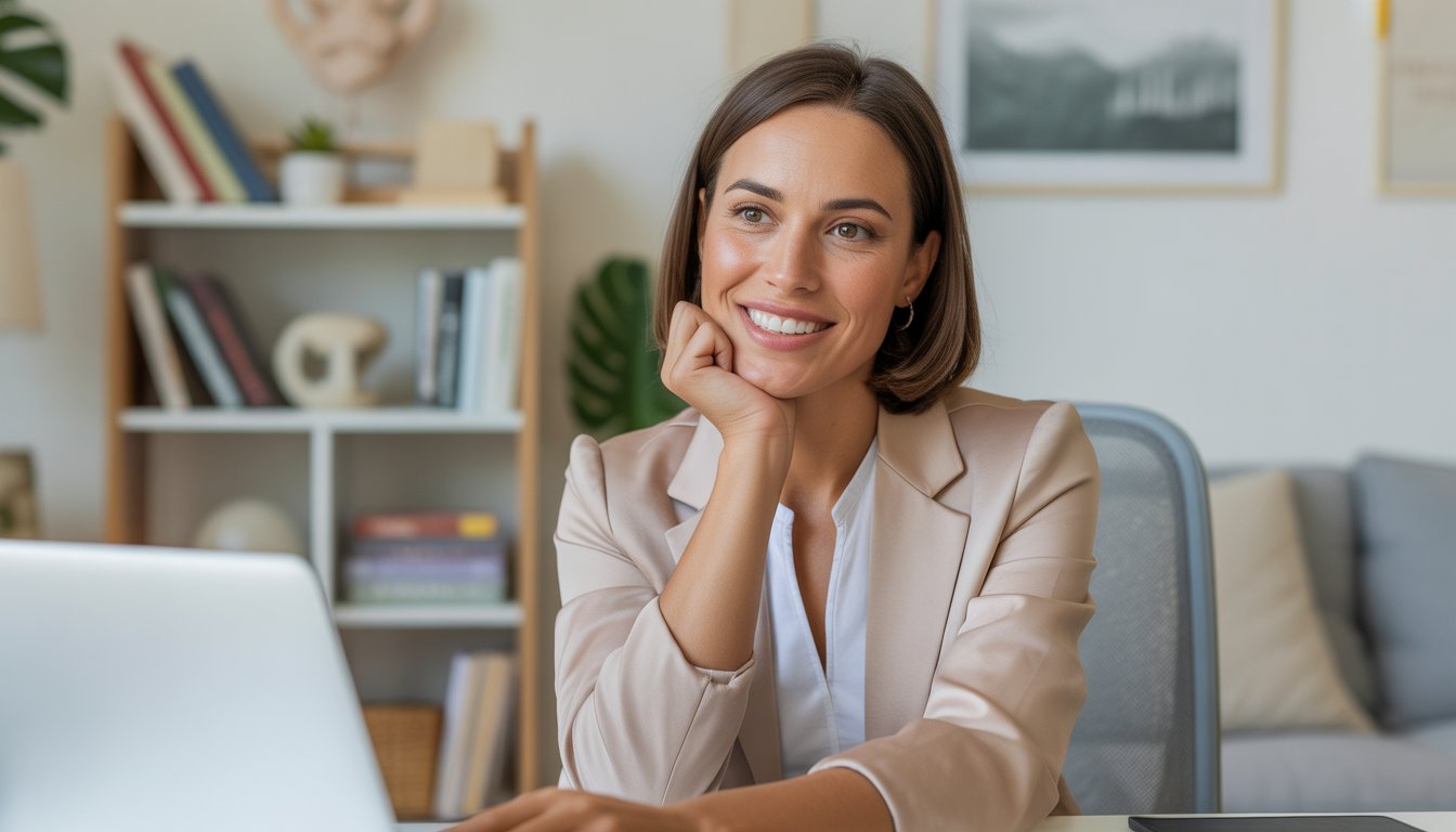 A female therapist sitting at a desk in a bright home office, engaging with a laptop during an online session.