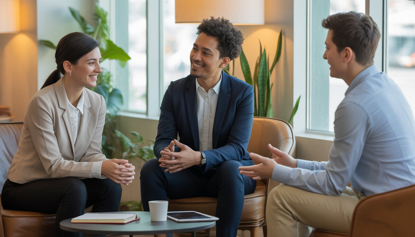 Three therapists having a calm discussion in a comfortable counseling office.