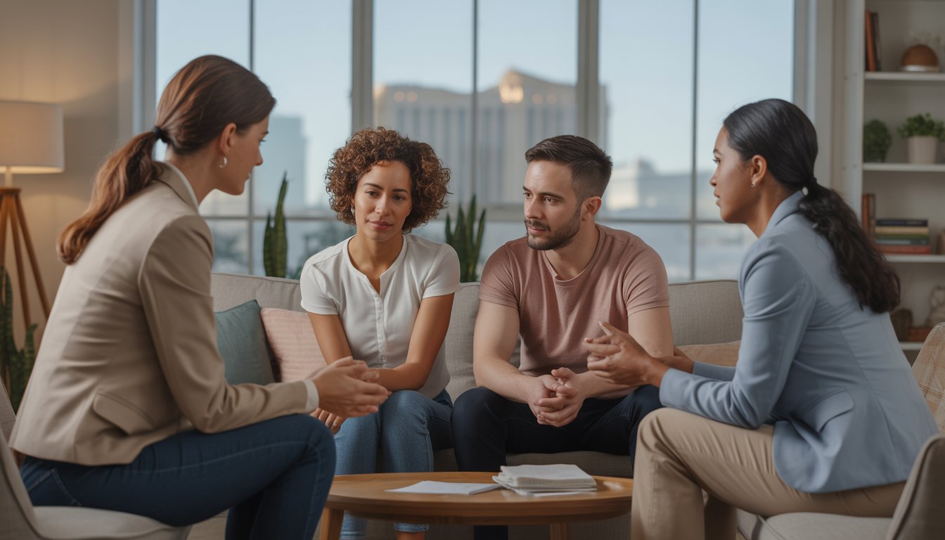 Two therapists speaking supportively with a couple in a bright, modern office with a city view in the background.