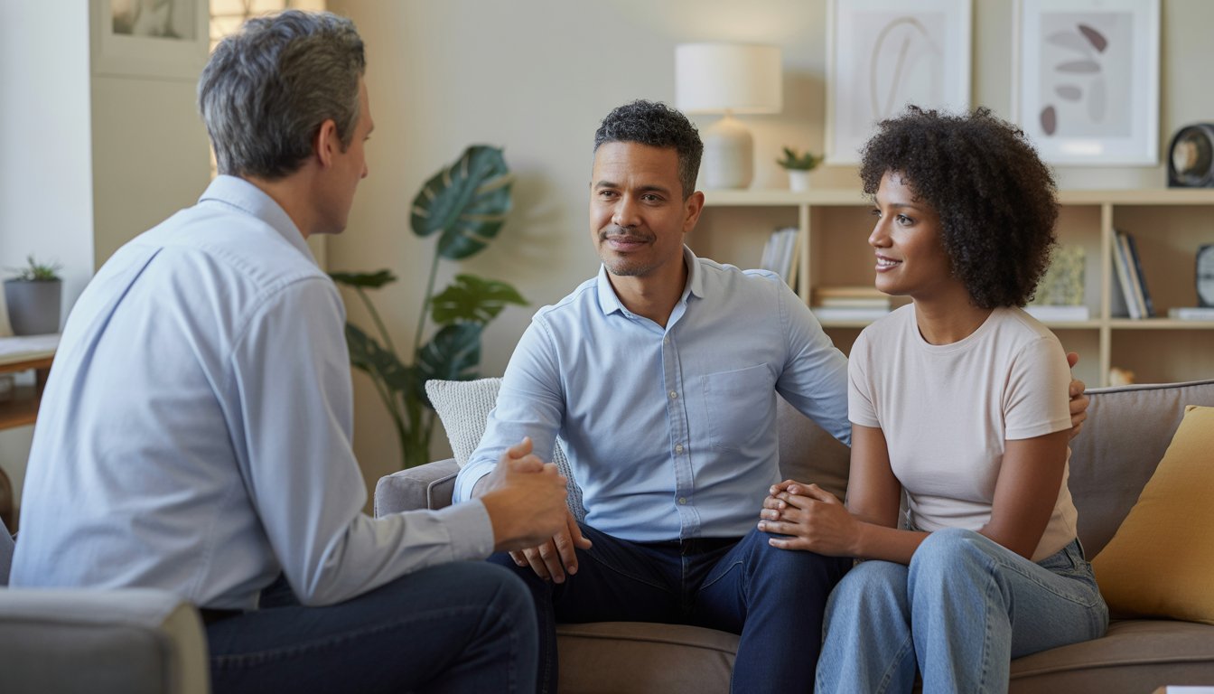 A therapist attentively listening to a couple sitting together in a comfortable office during a therapy session.