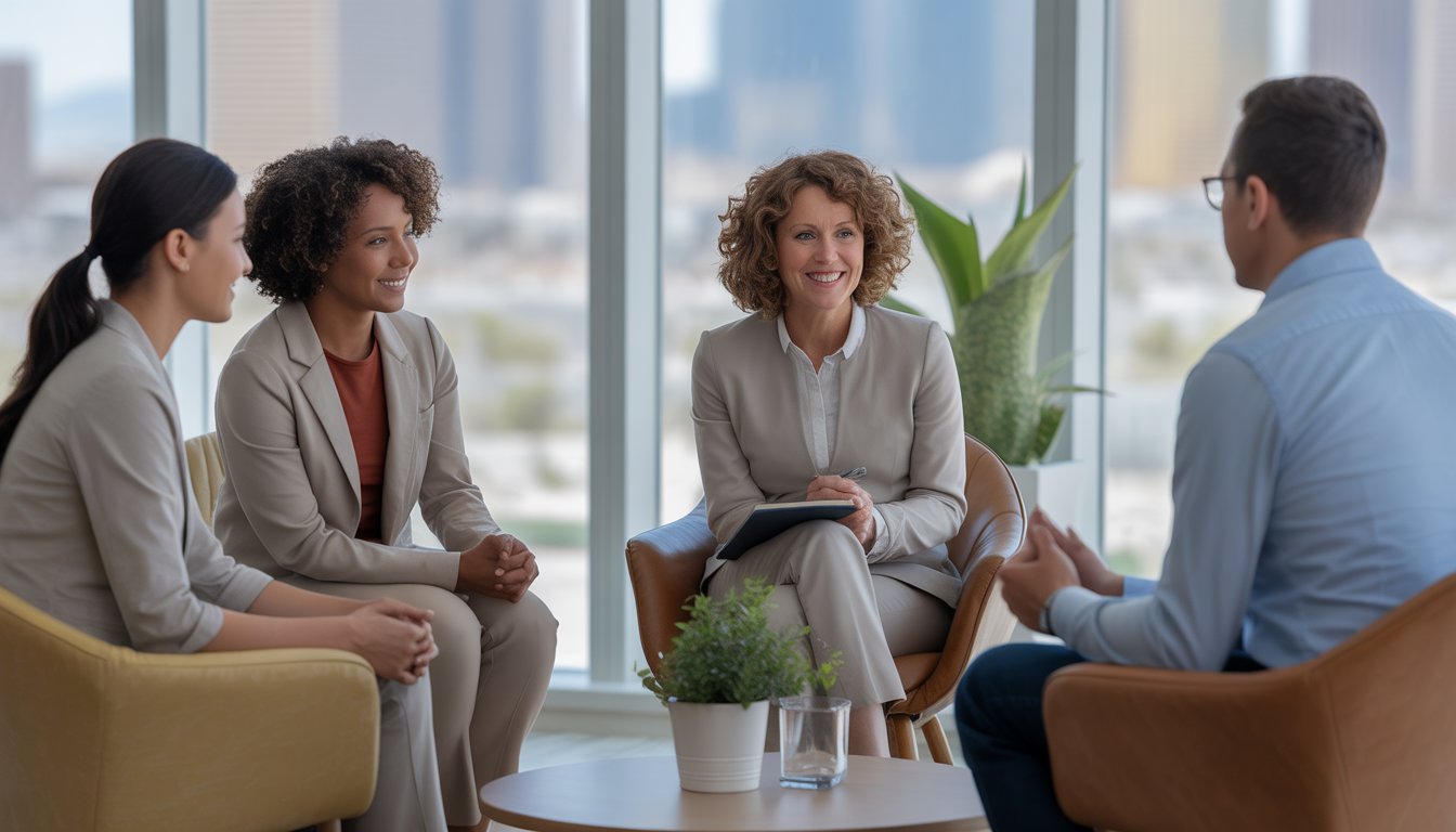 Three adults having a therapy session in a bright office with a view of the Las Vegas skyline.