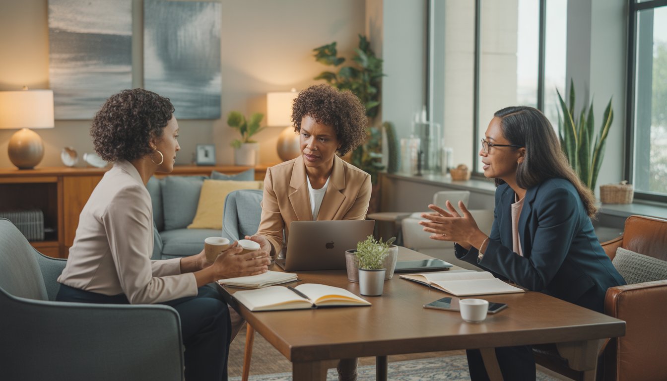 Three therapists in a bright, modern office having a discussion around a table with notebooks and a laptop.