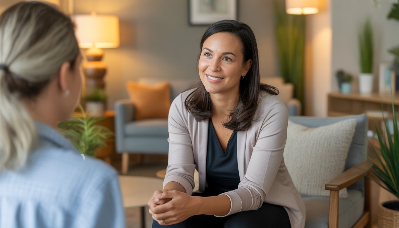 A female therapist sitting in a comfortable, well-lit office, attentively listening and creating a warm, supportive environment.