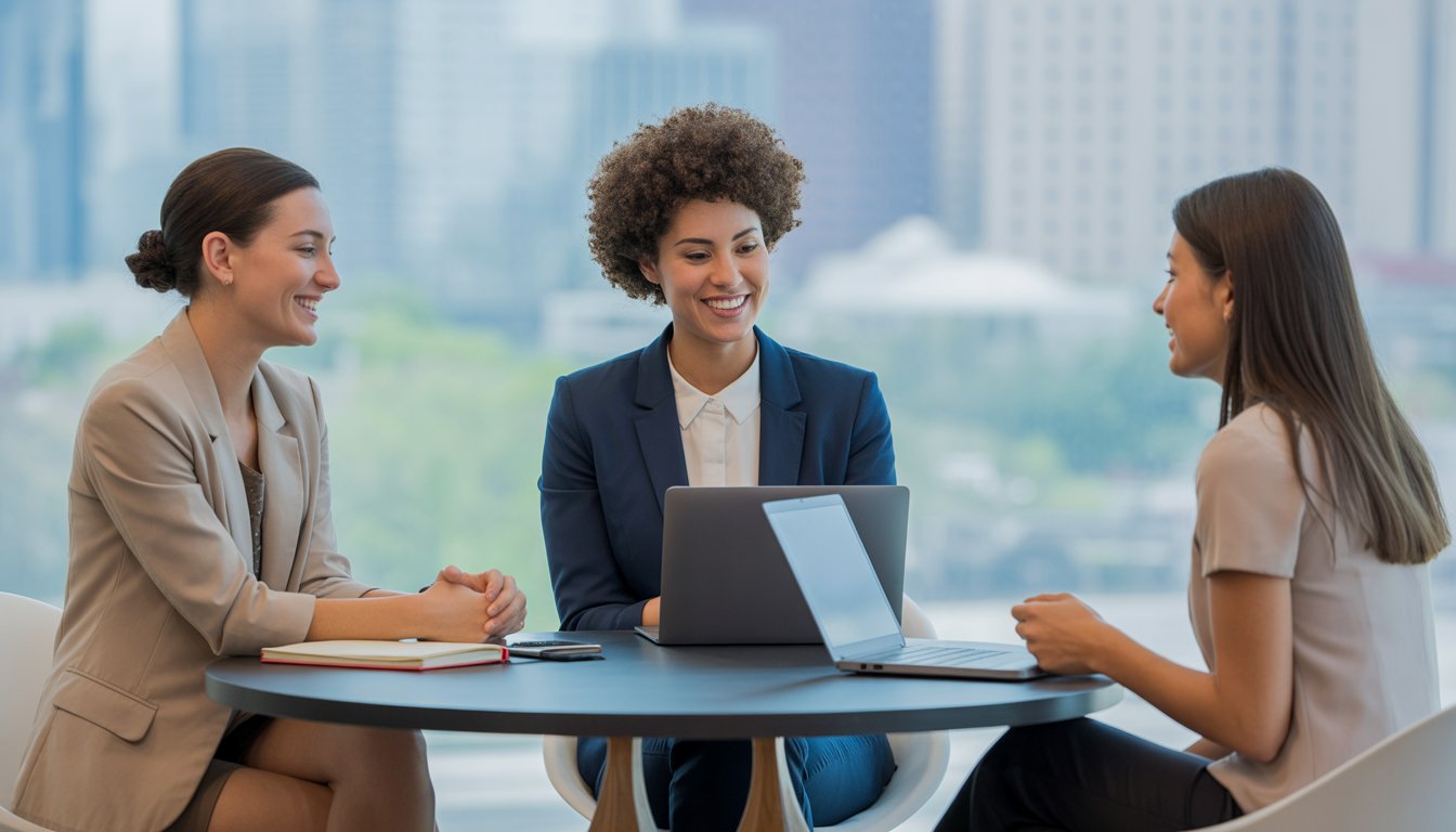 Three therapists of diverse backgrounds having a friendly discussion in a bright office with a view of Austin cityscape.