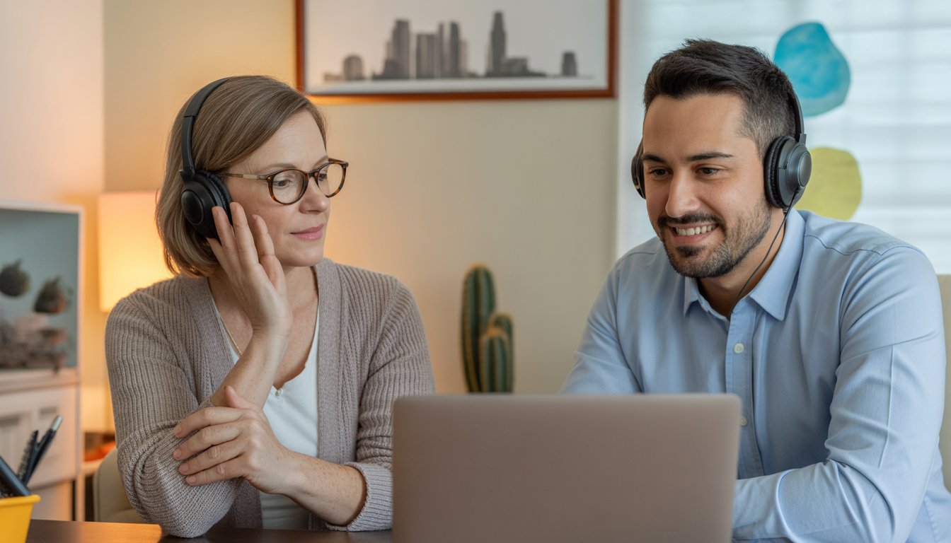 Two therapists conducting a virtual counseling session about open relationships, one in a home office and the other on a laptop screen, with warm and welcoming surroundings.