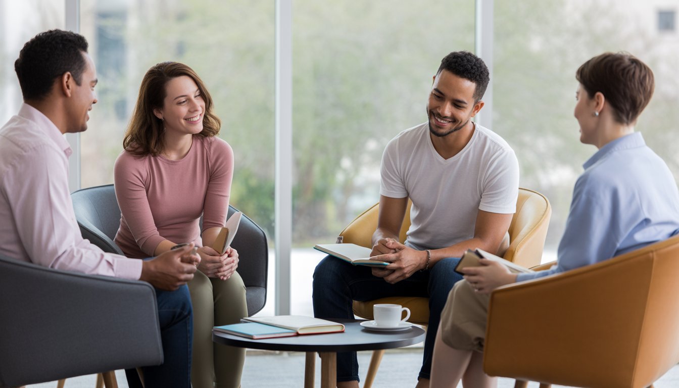 Three adults in a therapy session sitting comfortably around a table, engaged in a warm and supportive conversation in a bright office.
