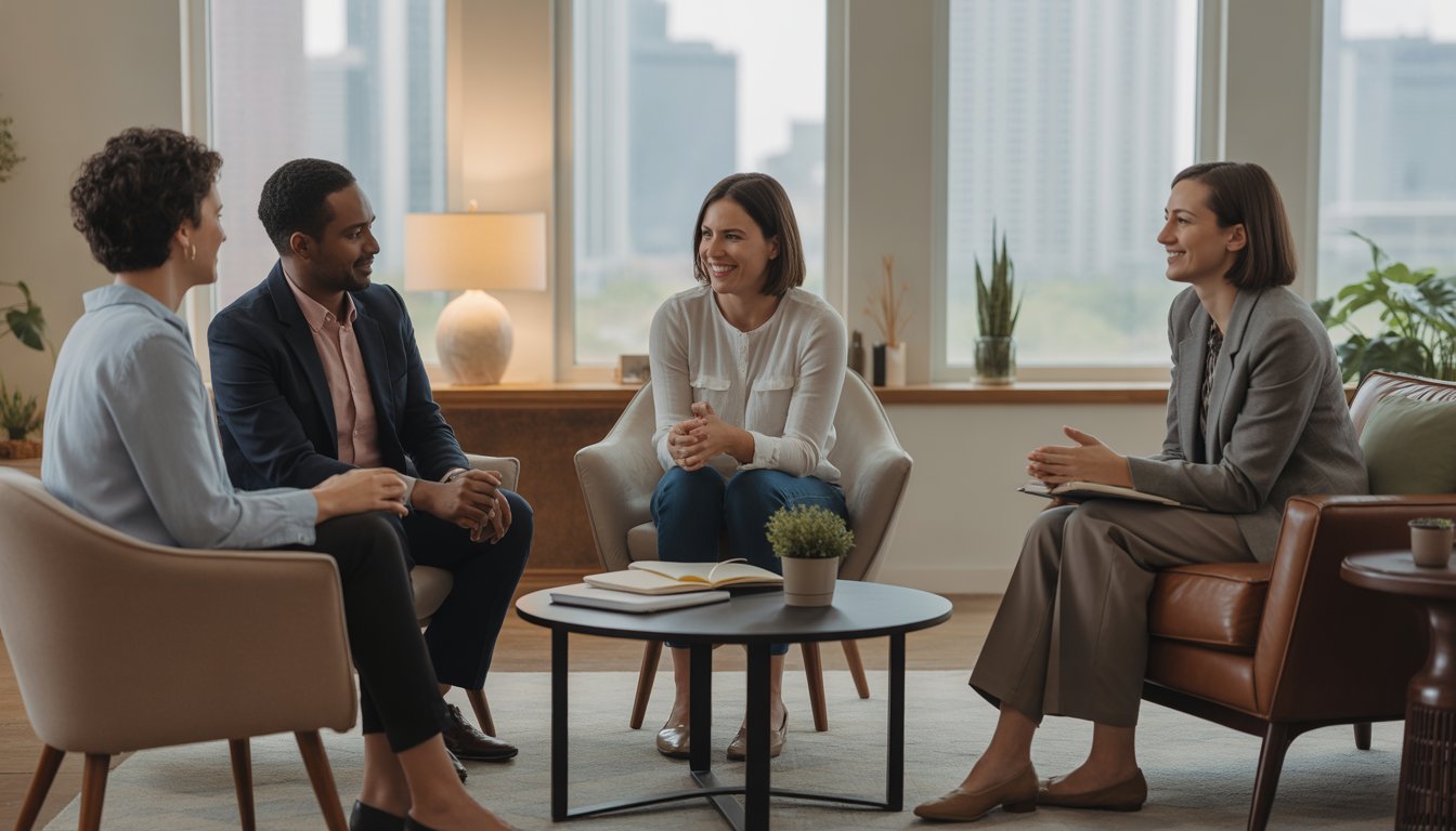 Three therapists having a friendly discussion in a modern counseling office with a view of Austin skyline.