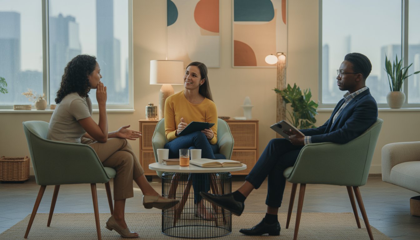 Three adults having a supportive counseling session in a bright office with a city view.