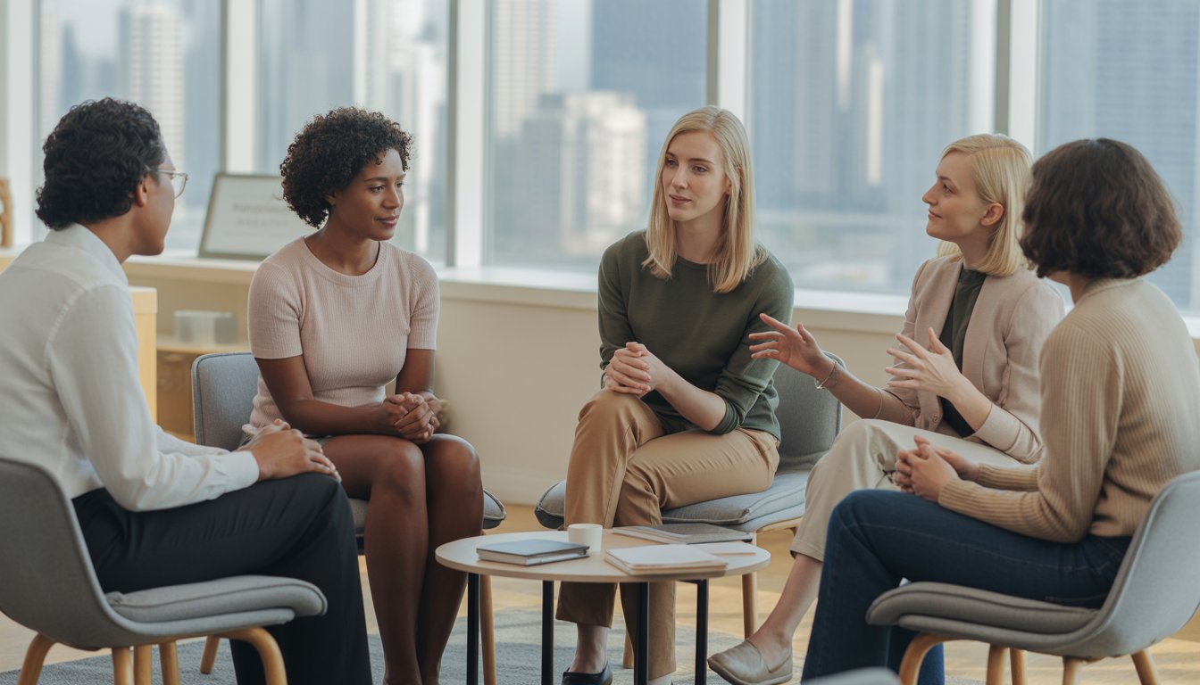 A group therapy session with diverse therapists and clients sitting in a circle in a bright, modern office.