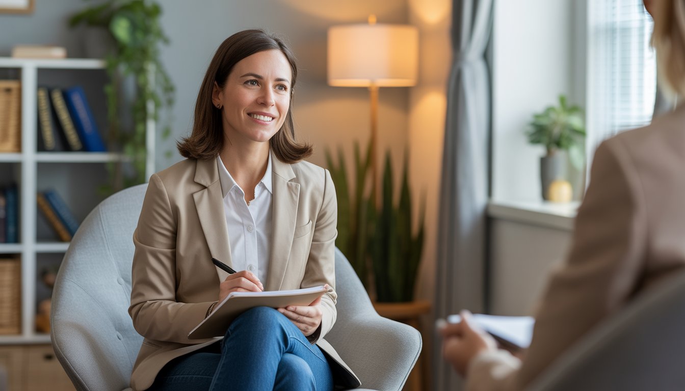 A female therapist sitting in a comfortable office, attentively listening during a therapy session.