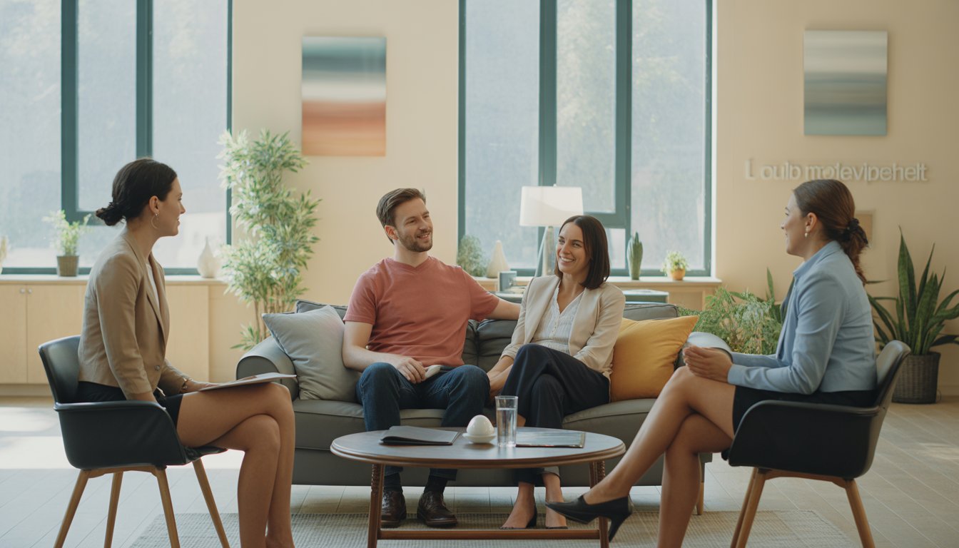 A group of therapists talking supportively with a couple in a bright, modern counseling office.