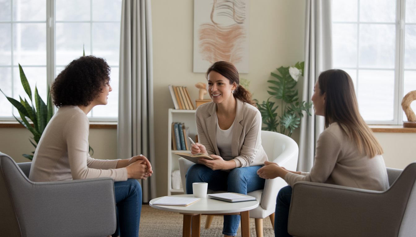 A therapist meeting with a diverse couple in a bright, comfortable counseling office.