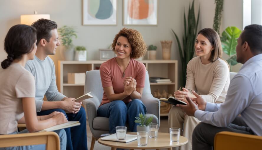 A diverse group of adults sitting in a circle in a bright counseling office, engaged in a supportive group therapy session.