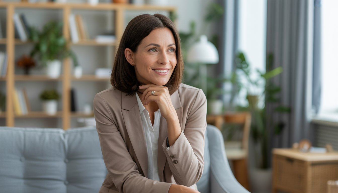 A female therapist sitting in a comfortable office, smiling warmly and attentively.