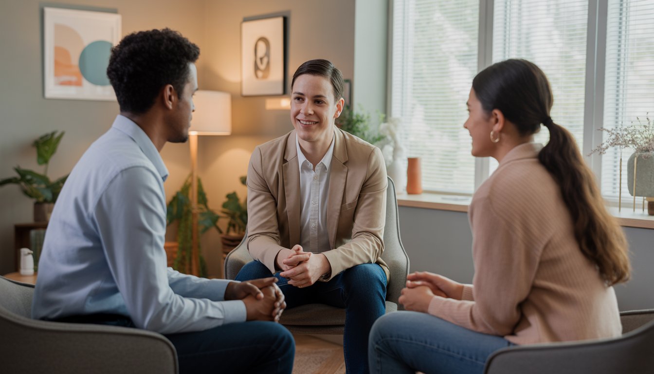 A therapist attentively speaking with a diverse couple in a bright, comfortable counseling office.
