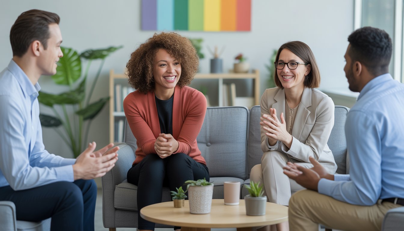 A diverse group of therapists talking with a couple and an individual in a bright, welcoming therapy office.