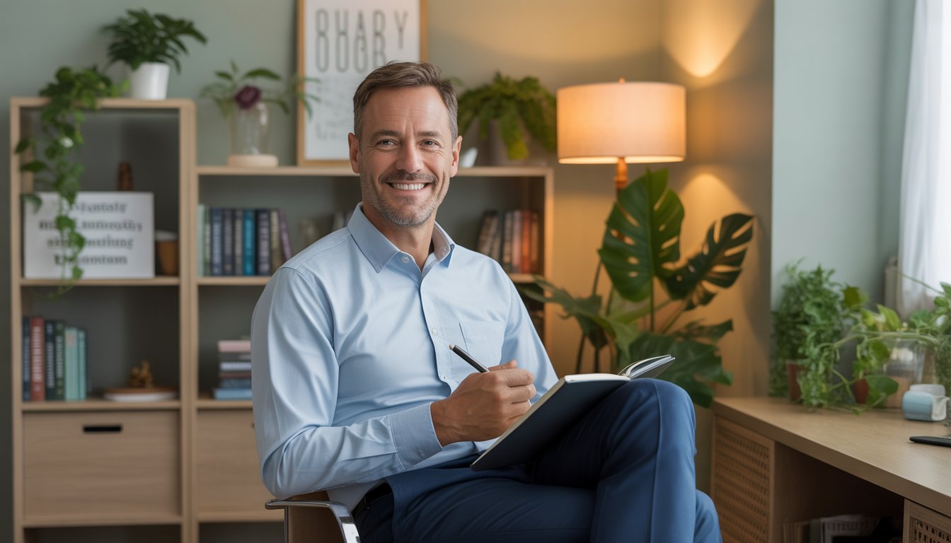 A middle-aged male therapist sitting in a comfortable office with bookshelves and plants, smiling warmly.