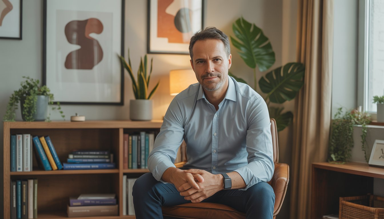 A middle-aged man sitting in a comfortable chair in a warmly lit office with bookshelves and plants, looking calm and approachable.