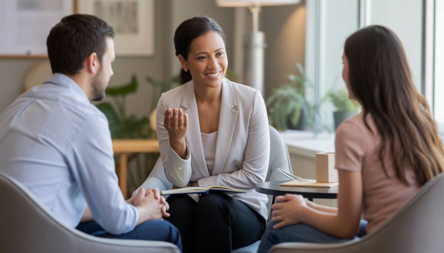A female therapist talking with a couple in a bright, comfortable counseling office.
