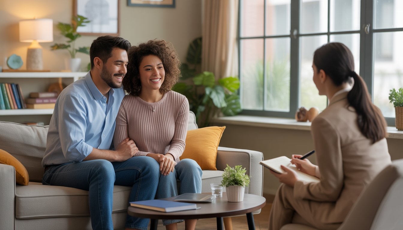 A diverse couple and a therapist having a supportive counseling session in a bright, comfortable office.