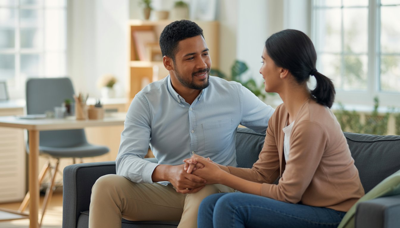 A couple sitting closely together in a counseling office, holding hands and talking calmly.