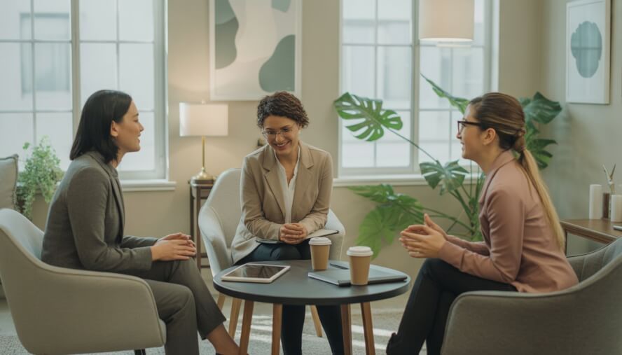 Three therapists having a friendly discussion in a bright, modern office with plants and large windows.
