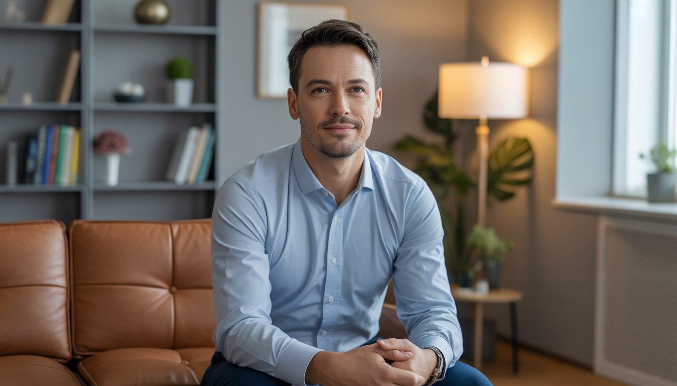 A male therapist sitting in a warmly lit office with bookshelves and plants, looking calm and approachable.