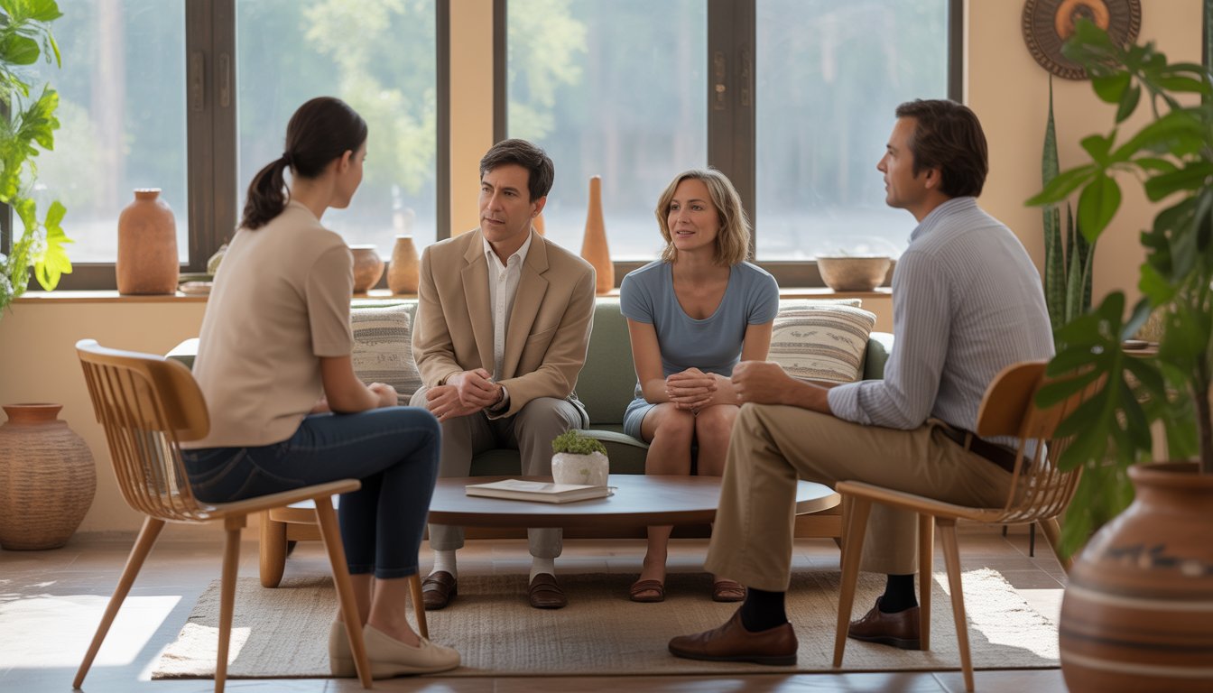 Two therapists talking with a couple in a bright, comfortable therapy office with southwestern decor.