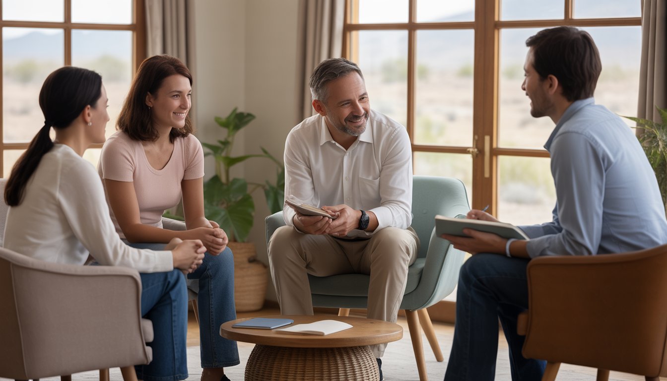 Three adults and a therapist sitting in a comfortable therapy office, engaged in a supportive conversation.