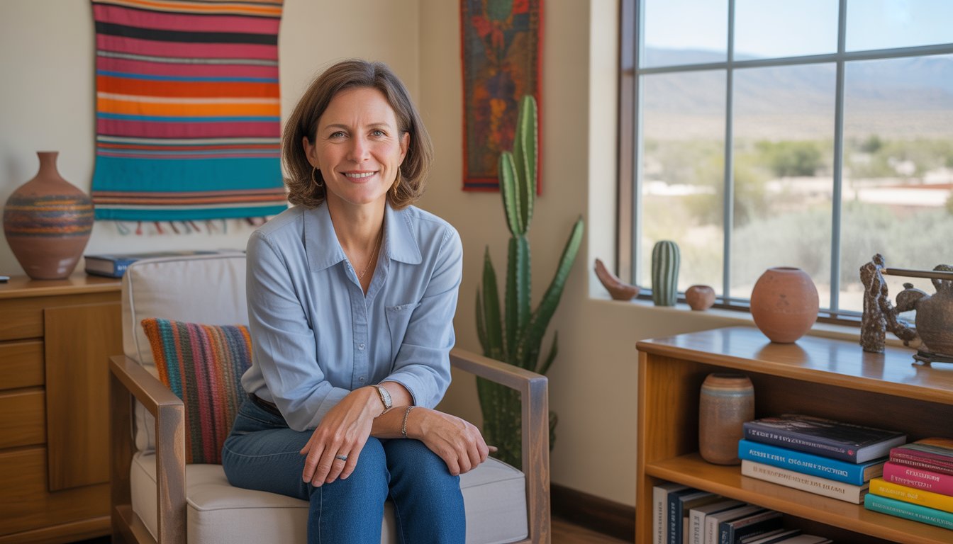 A female therapist sitting in a comfortable office with Southwestern decor, looking calm and attentive.