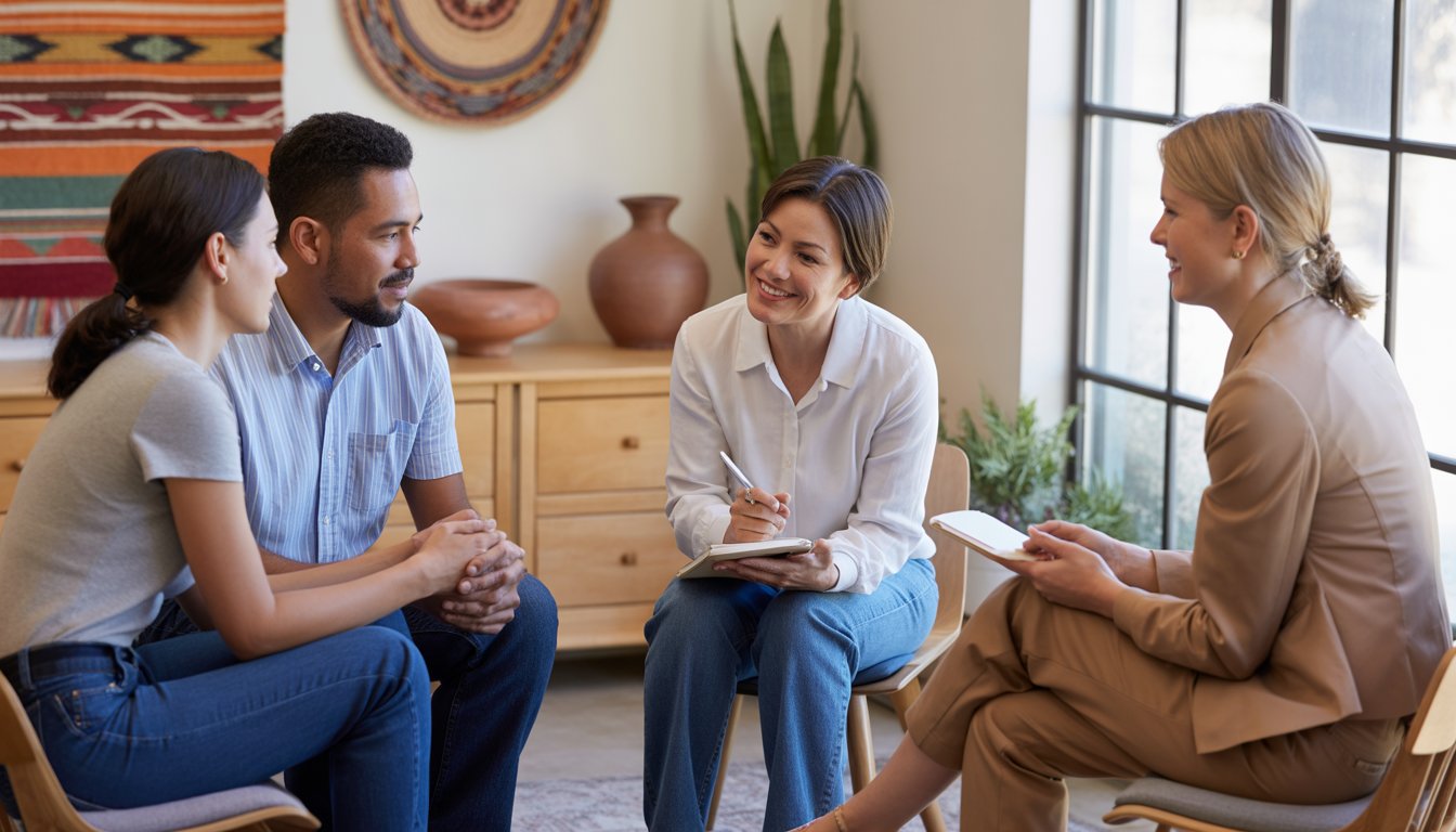 Three adults and a therapist engaged in a supportive conversation in a bright therapy office with southwestern decor.
