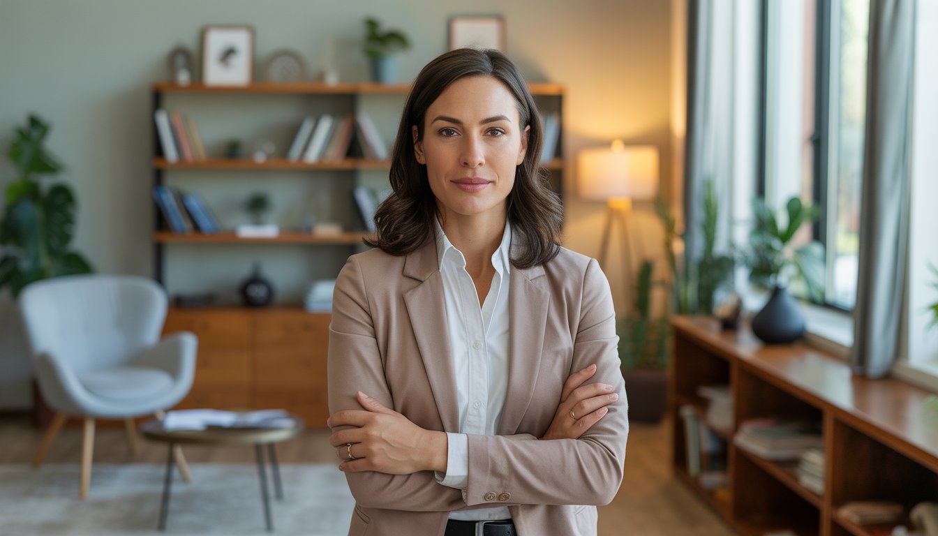 A female therapist sitting in a warmly lit office with bookshelves and a comfortable chair, looking calm and approachable.