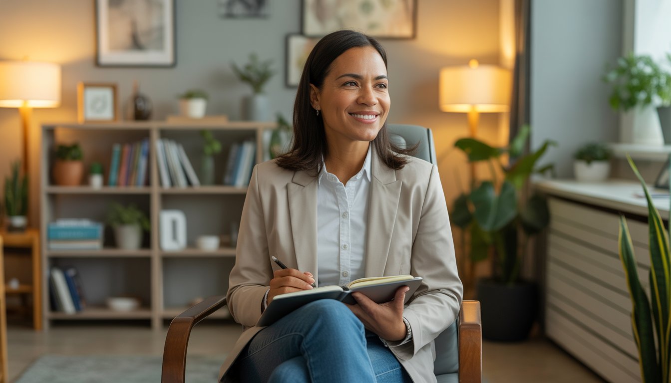 A friendly therapist sitting in a modern office with bookshelves and plants, ready to listen and provide counseling.