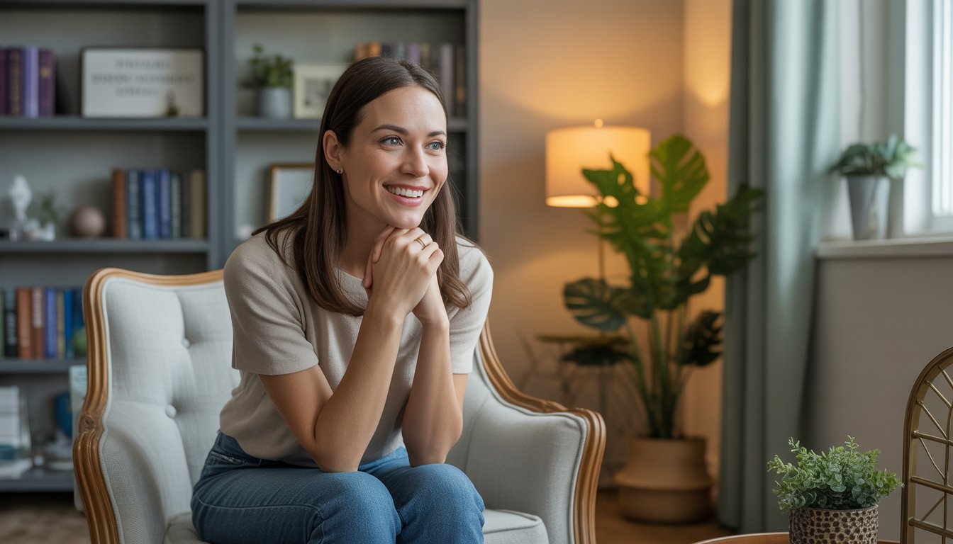 A female therapist sitting in a comfortable office, smiling and listening attentively.