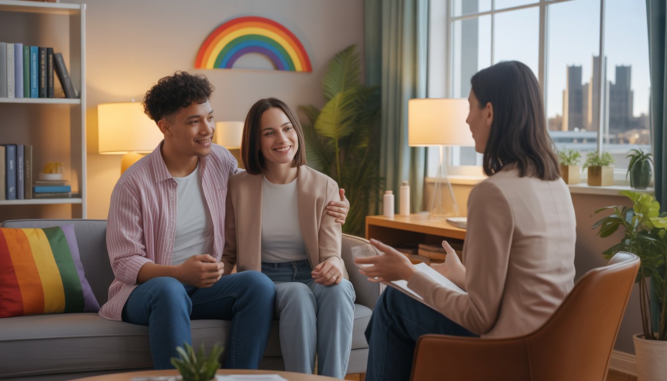 A diverse couple and a therapist having a supportive conversation in a comfortable therapy office.