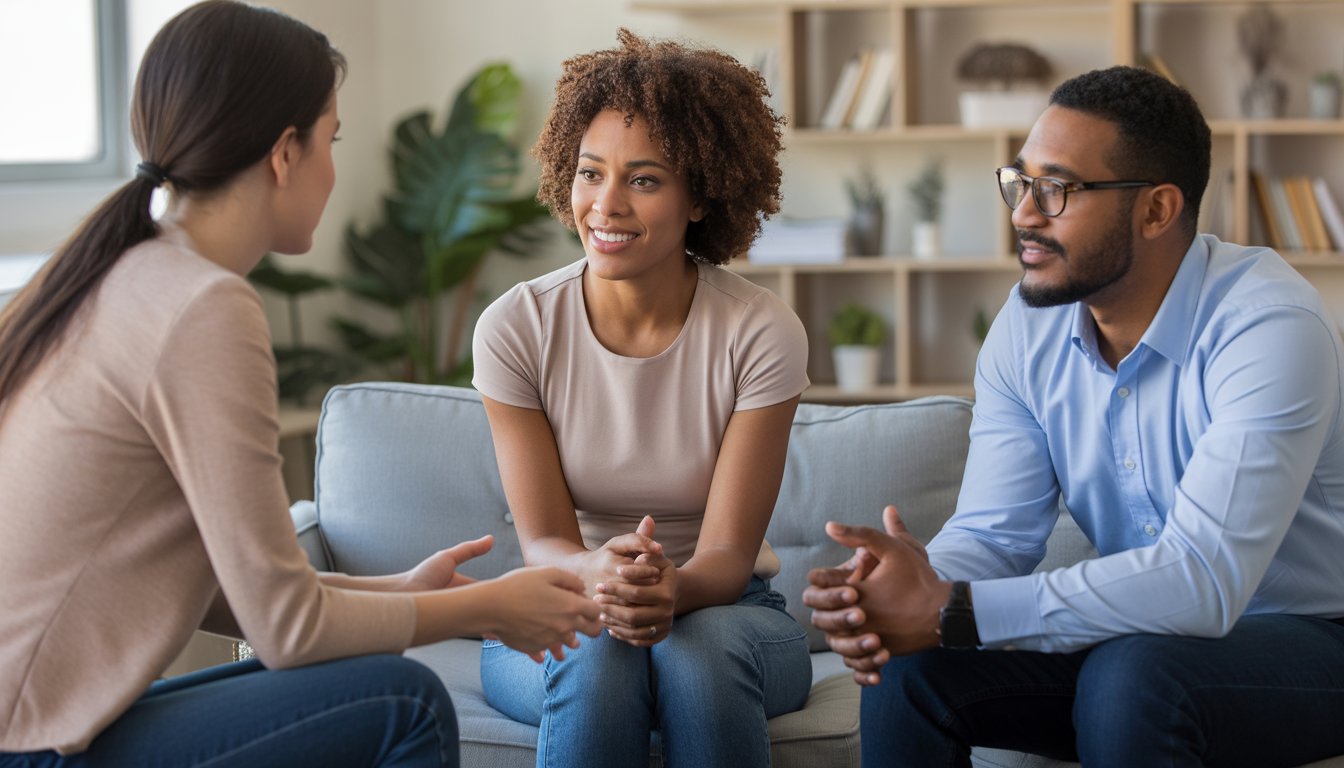 Three adults having a supportive conversation in a modern counseling office.