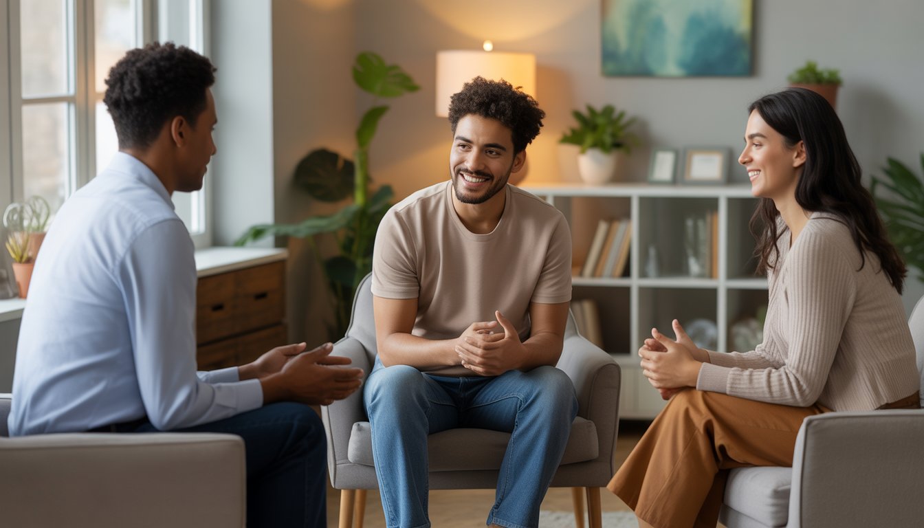 Three adults sitting together in a counseling office, engaged in a supportive therapy session.