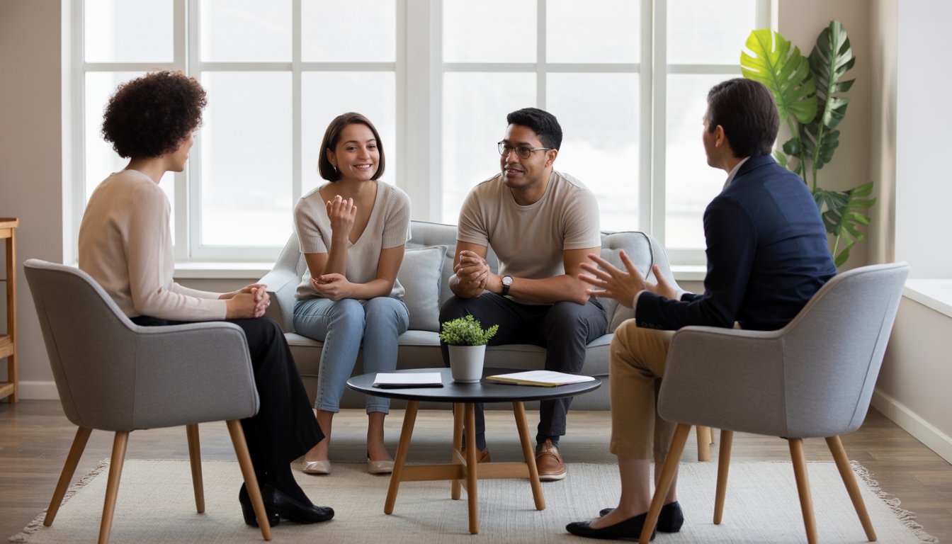 Two therapists having a supportive conversation with a diverse couple in a bright, modern counseling office.