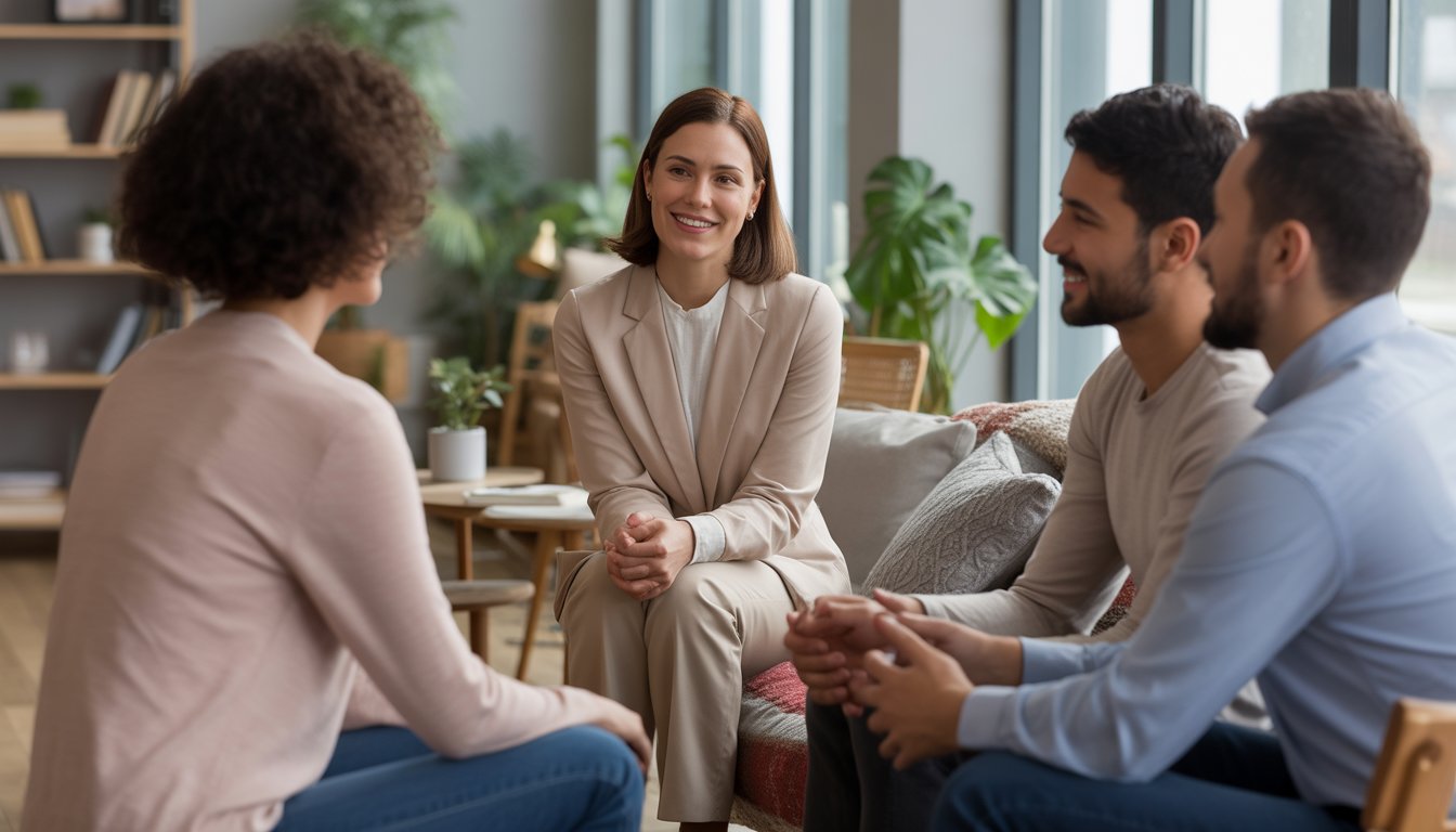 A female therapist speaking with three adults in a comfortable office setting, creating a supportive atmosphere.