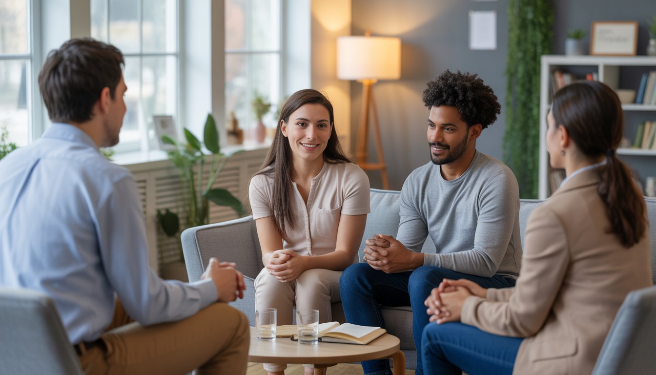 Two therapists talking with a couple in a comfortable therapy office with natural light and calming decor.