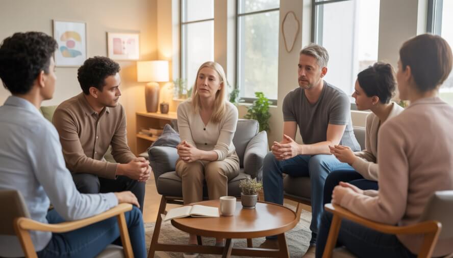A diverse group of people in a counseling session with a therapist in a bright, comfortable office.