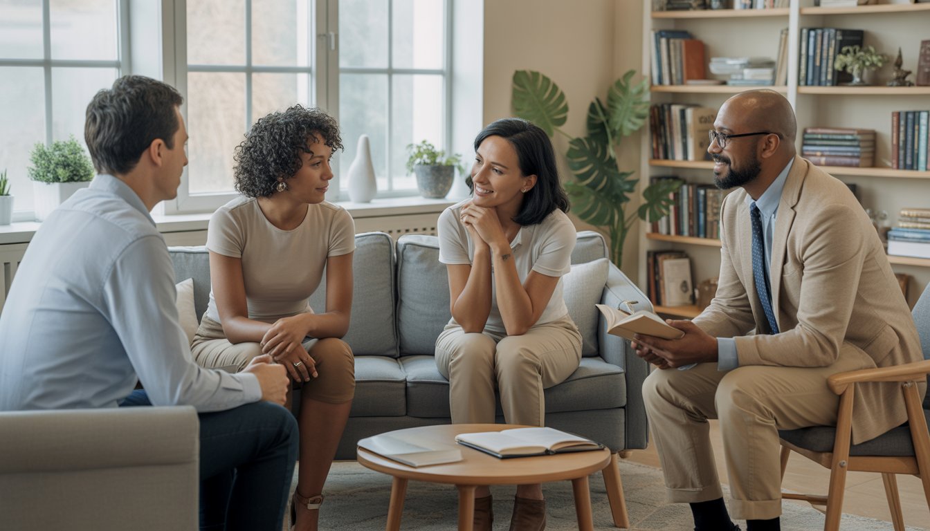 Three adults, a therapist and a couple, engaged in a supportive therapy session in a bright, comfortable office.