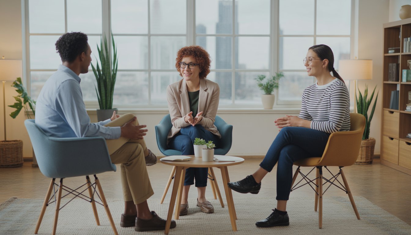 Three adults having a supportive conversation in a bright therapy office with a view of Milwaukee city outside the window.