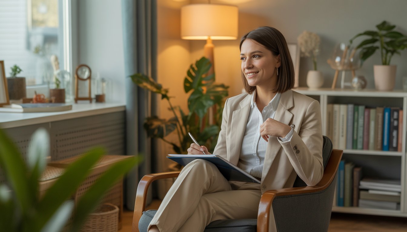 A female therapist sitting in a comfortable office, holding a notepad and pen, engaged in conversation in a warm, inviting room.