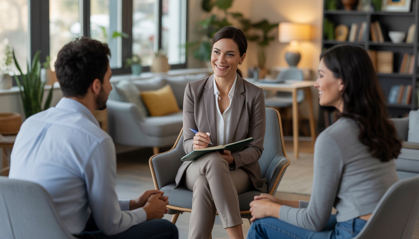 A female therapist attentively listening to a diverse couple in a warm, modern counseling office.
