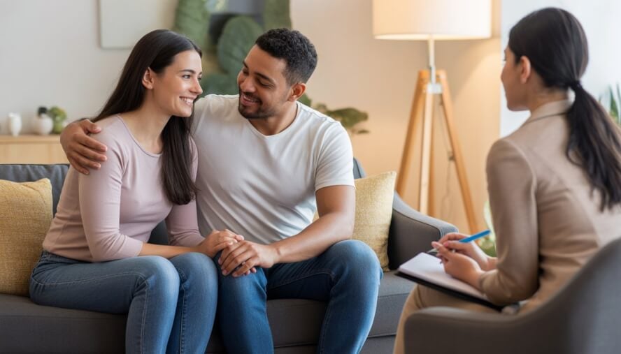 A couple sitting closely together in a therapy office while a therapist listens attentively nearby.