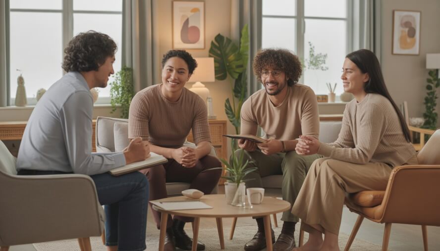 Three adults in a warm counseling office engaged in a supportive therapy session, showing a therapist and clients in a comfortable, welcoming space.