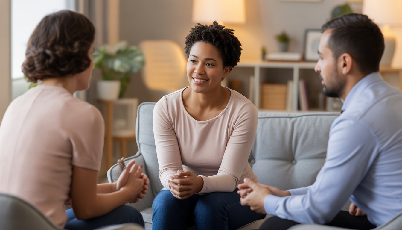 Three diverse adults having a supportive conversation in a comfortable counseling office.