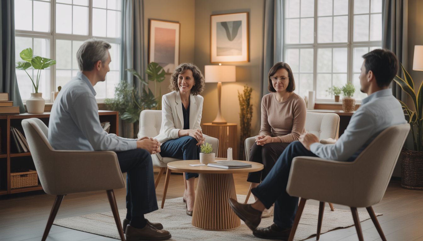 Two therapists talking with an individual and a couple in a comfortable counseling office.